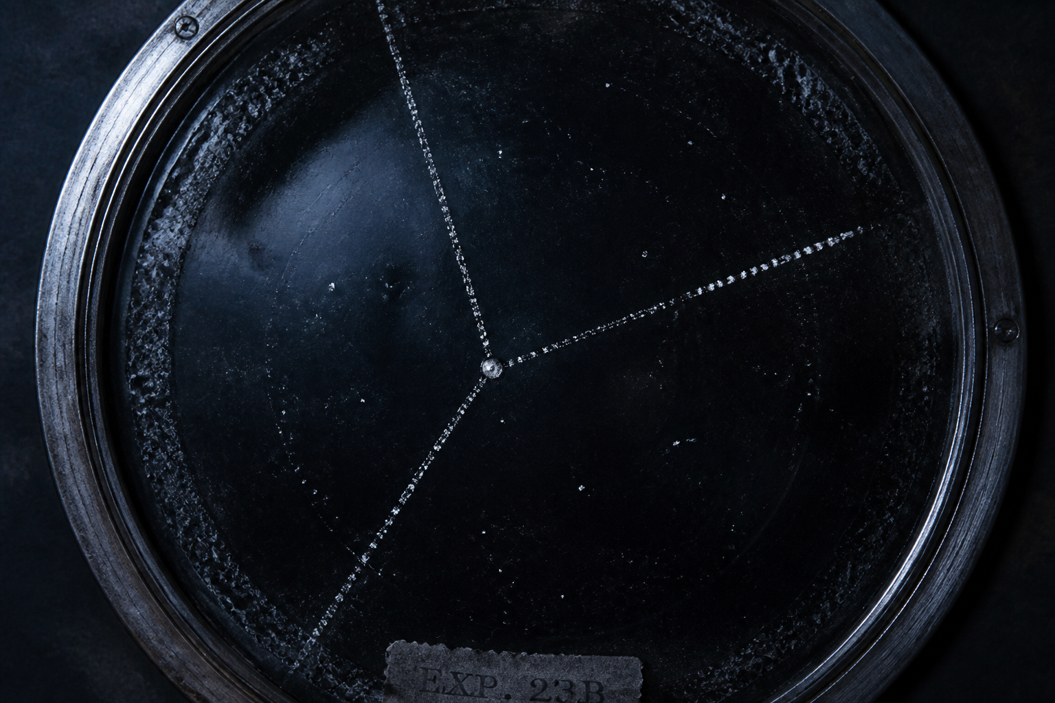 Particle paths diverging from a collision point on a dark plate