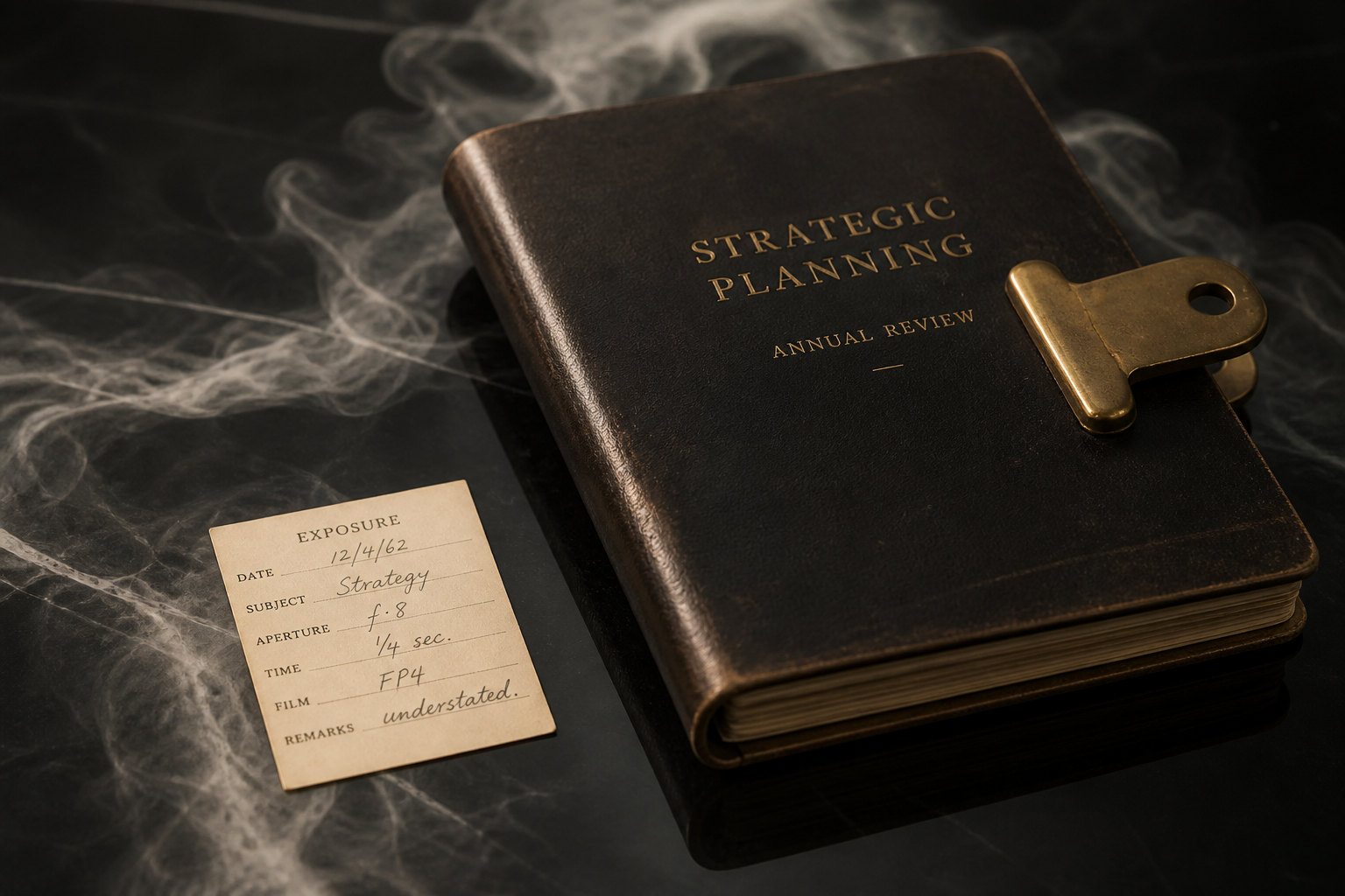 Strategic notebook on black glass with vapor trails and an exposure slip