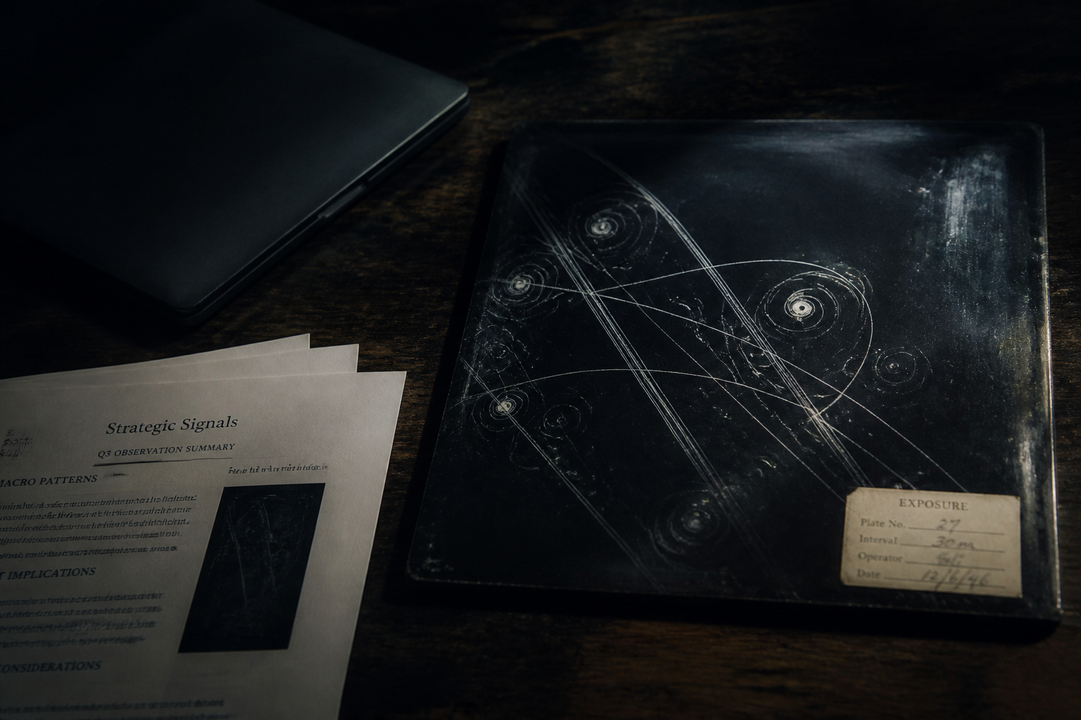 Research documents beside a dark observation plate with vapor trails